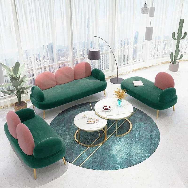 Simple one-word sofa coffee table combination fabric living room reception beauty salon leisure creative three two clothing