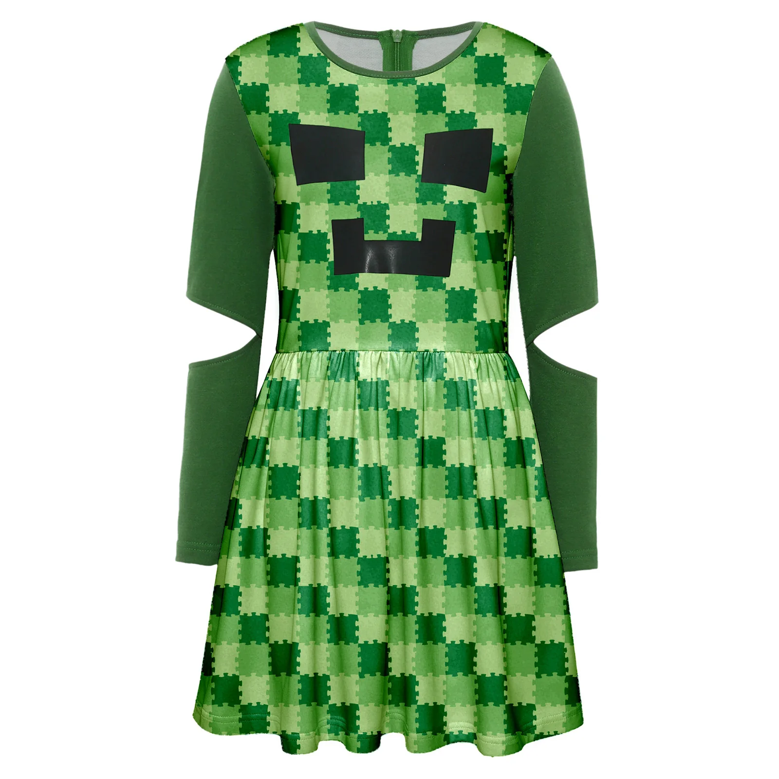 

Girls Gaming Cosplay Dress Round Neck Cutout Long Sleeve Printed Ruffle Back Zipper for Theme Party Costume Role Play