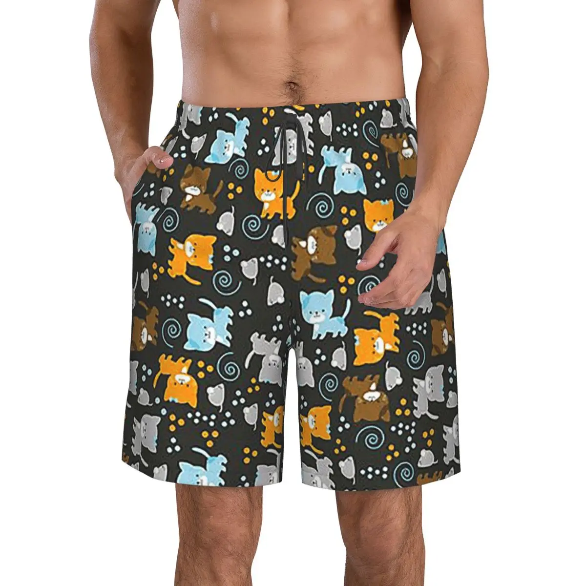 Celana Pendek Pantai Kasual Pria, Motif Kucing Siam dan Jahe Abu-abu, Cepat Kering, Cocok untuk Berenang di Musim Panas