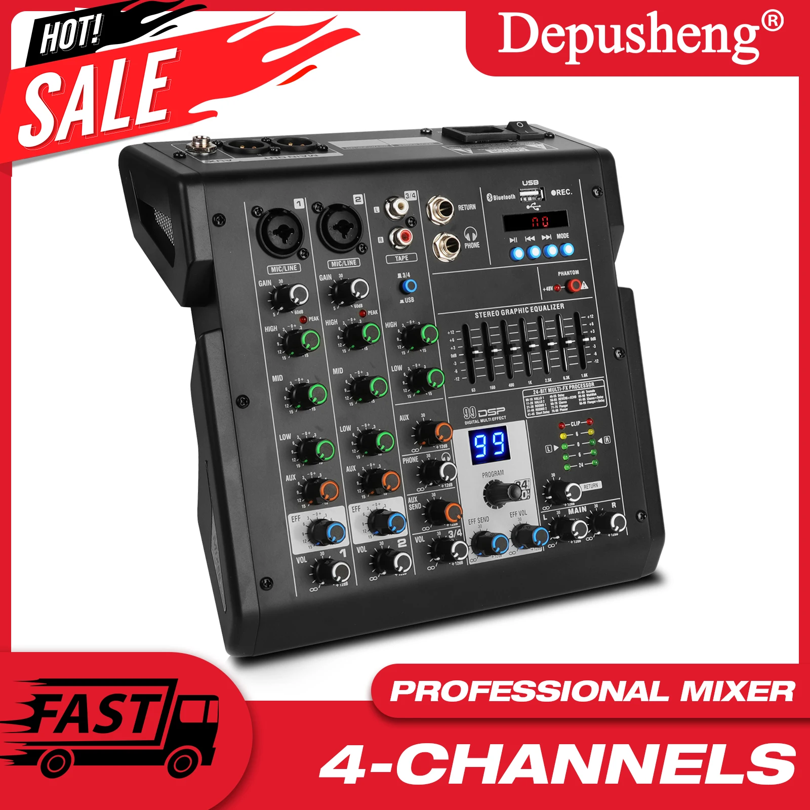 4 Channel Audio Mixer Audio Interface With Bluetooth USB Recording Computer 48V Phantom Power Effects Home Studio Live Steaming