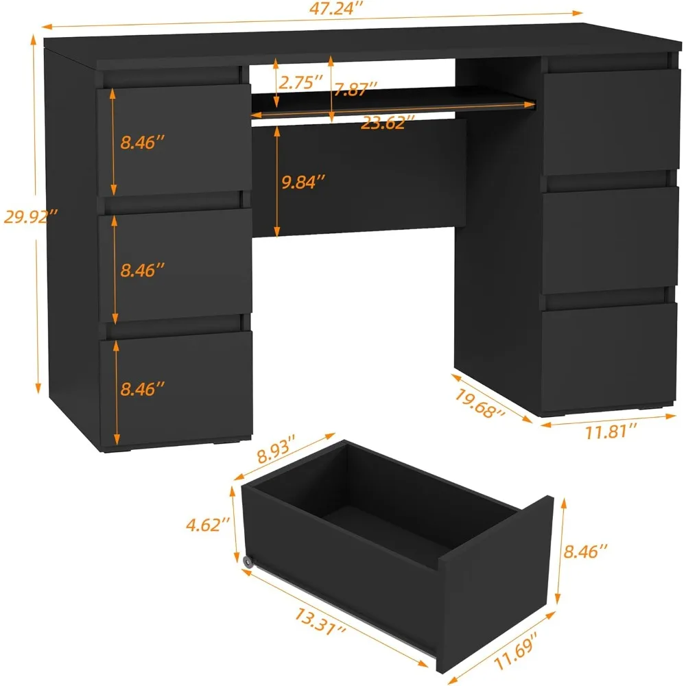 "Escritorio para juegos moderno negro con cajones de almacenamiento y estantes para dormitorio y estudio"