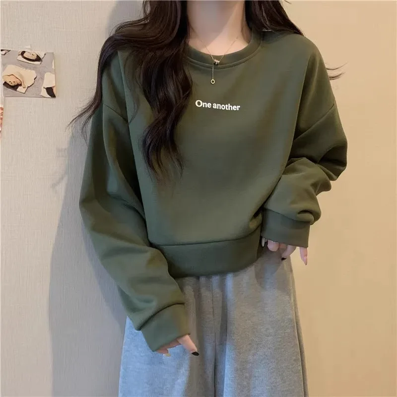 O-neck Hoodies for Women Long Sleeve Solid Letter All-match Ins Korean Style Chic Girls Spring Autumn College Young Soft Loose