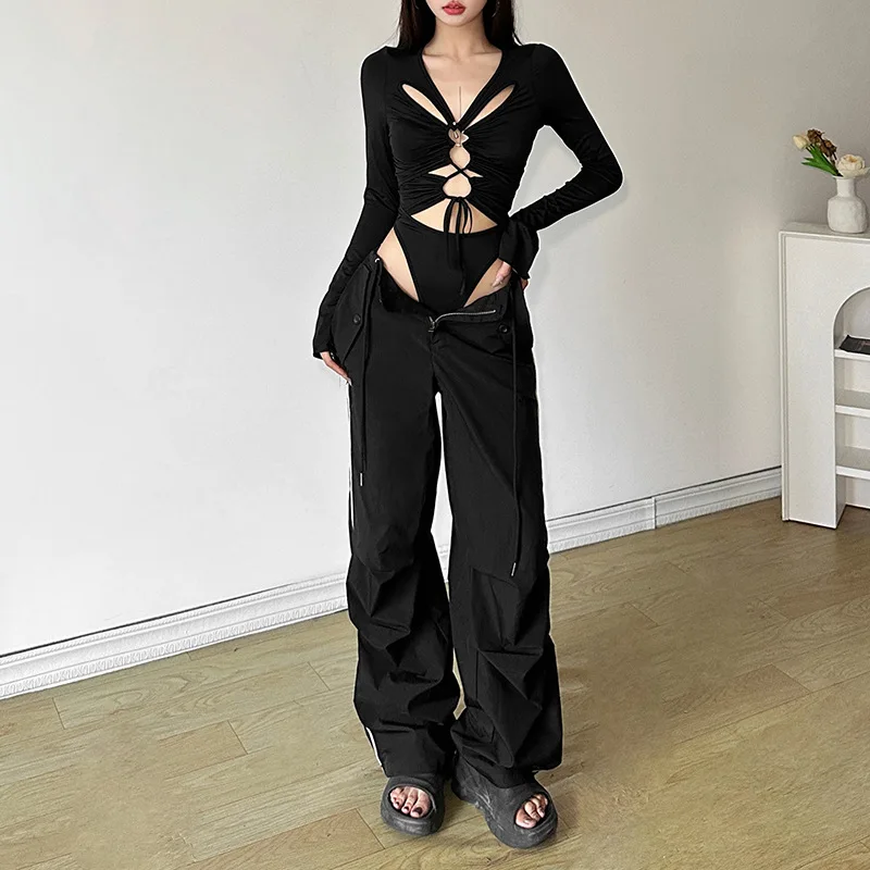 Goth Dark E-girl Techwear Solid Hollow Out Long Sleeve Skinny Bodysuits Cyber Y2K V-neck Tops Women Gothic Bodysuit Streetwear