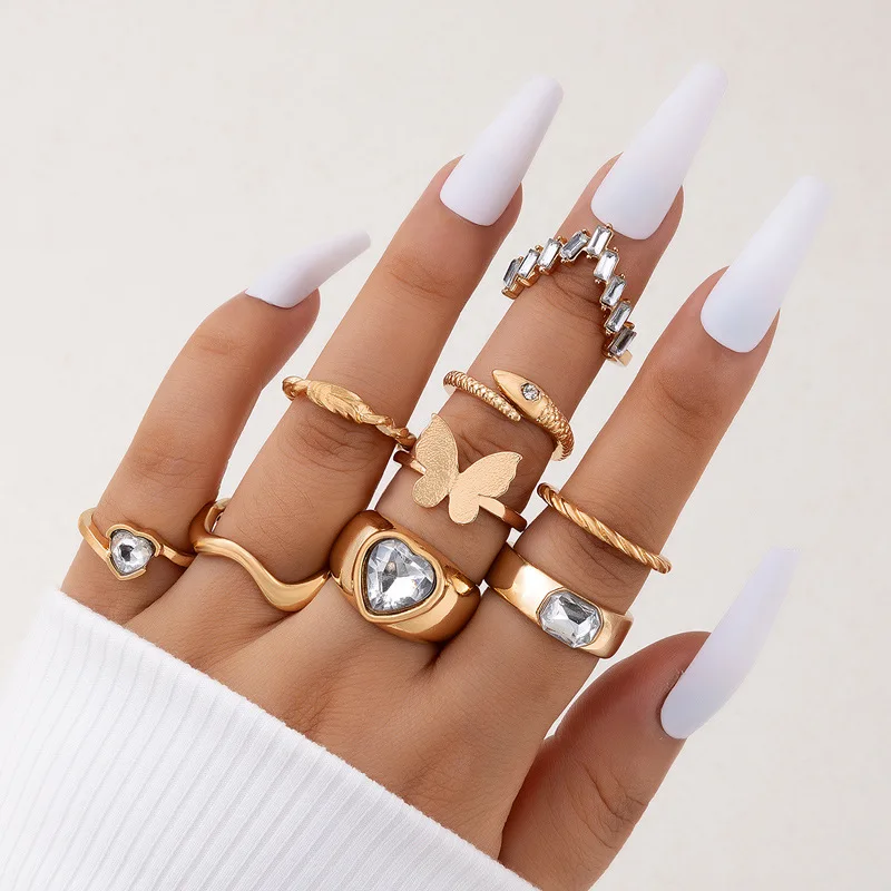 New Crystal Geometric Kunckle Ring Set For Women Colorful Rhinestone Heart Butterfly Snake Wedding Finger Ring Boho Jewelry