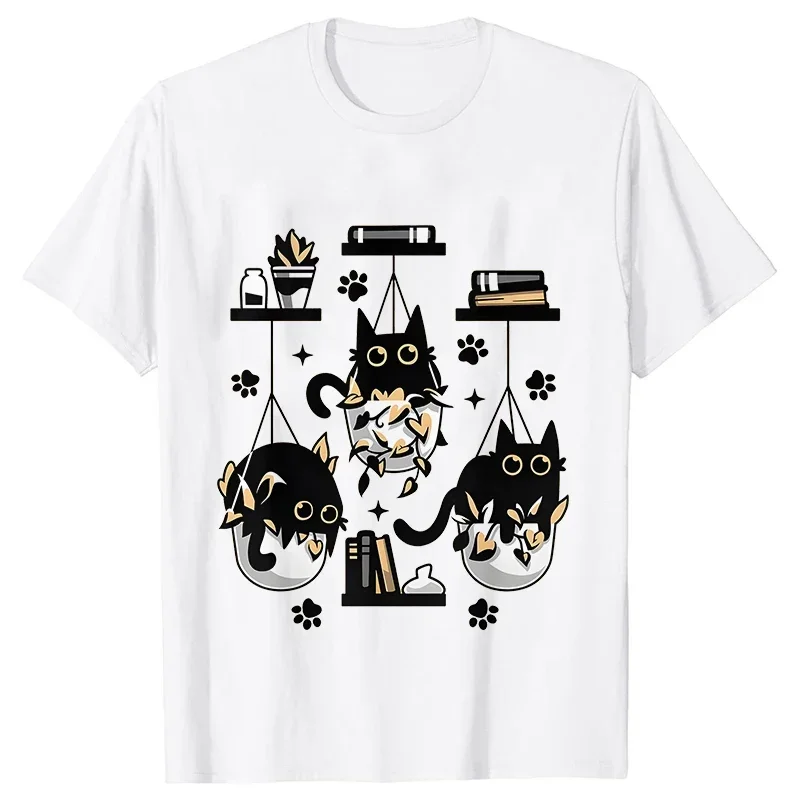 Kittens in Plant Pots Ladies T Clothing T-shirts Fashion Female Graphic Tees Cute Black Cats Print Summer Casual Cotton Clothes