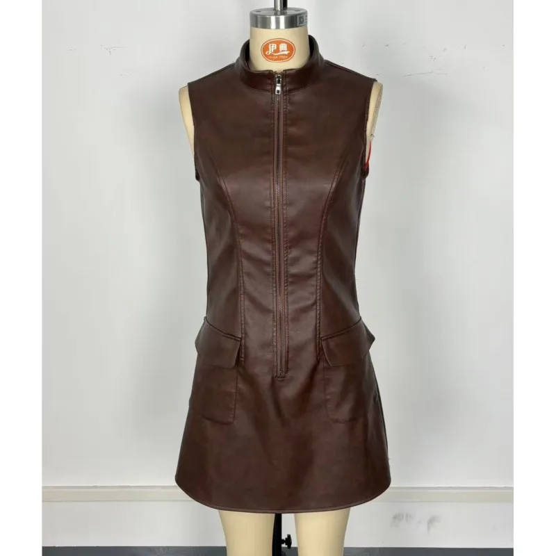 Brown Sleeveless Faux Leather Dress Women 2025 Autumn New V Neck Zip Front Slim Fit Casual PU Party Mini Dresses With Pocket