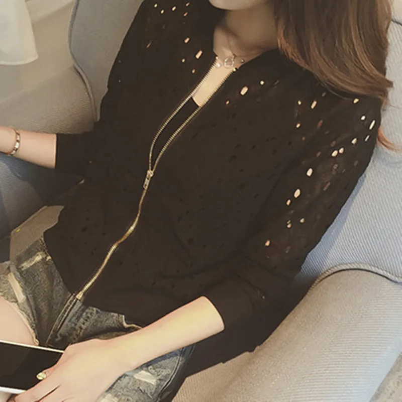 Korean Style Women's Summer Thin Hollow out  Color All Match Air Conditioner Shirt Zipper Open Cardigan Lace Sun Protect...