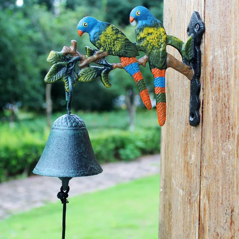 Hand Paint Parrot Birds Cast Iron Door Bell European Home Garden Wall Mounted Blue Green Yellow Hand Cranking Welcome Door Bell