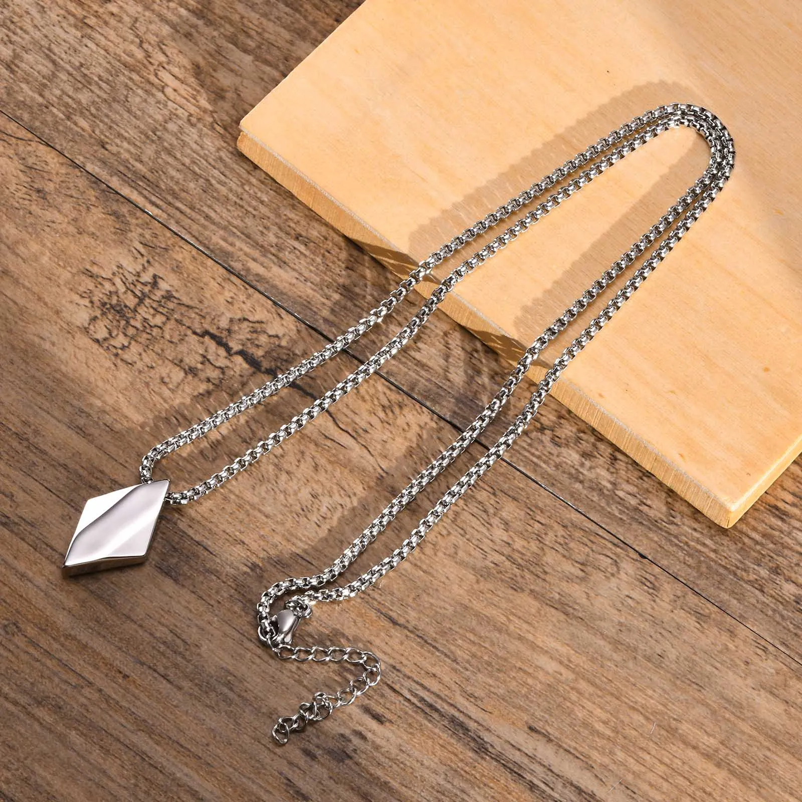 Stylish Geometric Square Rhombus Necklaces Men,Stainless Steel Geometry Lozenge Pendant,Male Collar