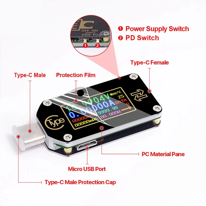 TC66/TC66C Type-C Color Display Tester PD Trigger Digital Voltmeter Ammeter Two-Way Measurement PD Charger Battery USB Tester