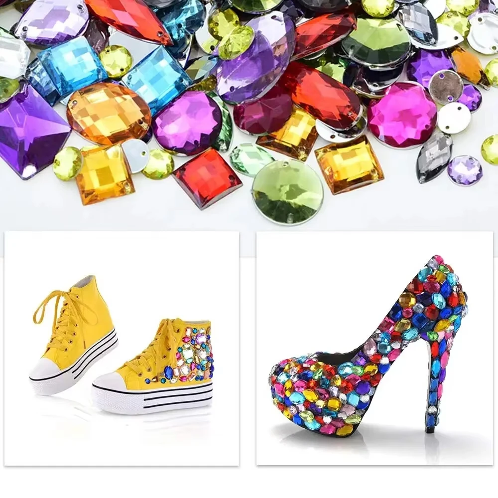 100 peças gemas de costura formas mistas cristal acrílico costurar em strass com 2 furos tamanhos mistos strass de costura para roupas sapatos