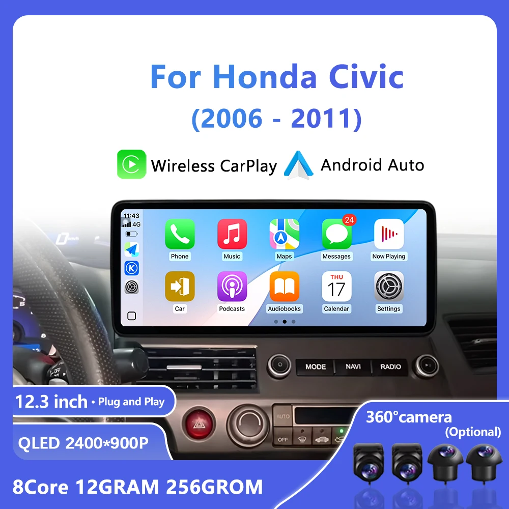 

12,3-дюймовый Android беспроводной Carplay для Honda Civic 2006-2011 автомобильный видеомультимедийный плеер GPS Navi DSP BT WIFI 4G автоаксессуары