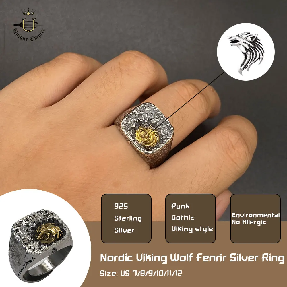 925 Silver Viking Wolf Fenrir Male Ring Mythology Rune Inlaid Copper Adjustable Punk Bike Party Gift Jewelry