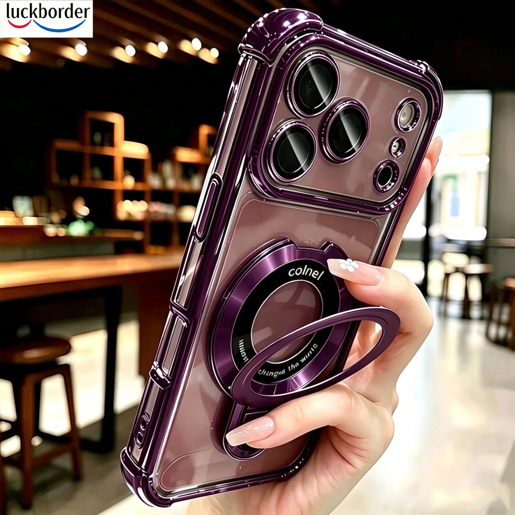 Coque magnétique pour iPhone 18 17 Pro Max avec support et protection intégrée de l'appareil photo, placage de luxe transparent, coussin d'air aux quatre coins