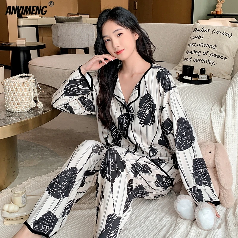 M-5XL Autumn Winter Woman Pajamas Set Chic Lapel Collar Sleepwear Lady Home Clothes Soft Faux Cotton Nightwear Casual Pijamas