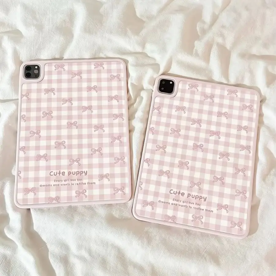 Korean Ins Pink Grid Bow New Tablet Case For iPad Pro 11 12.9in 13 M4 9.7 10.2 10.9 5/6th 7/8/9 10 11th MINI 6 7 Air 5 6 7 Case