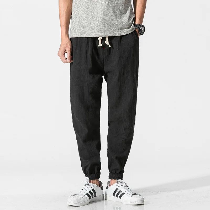 Mens  Linen Harem Pants Cotton Casual Loose Fit Ankle Trousers