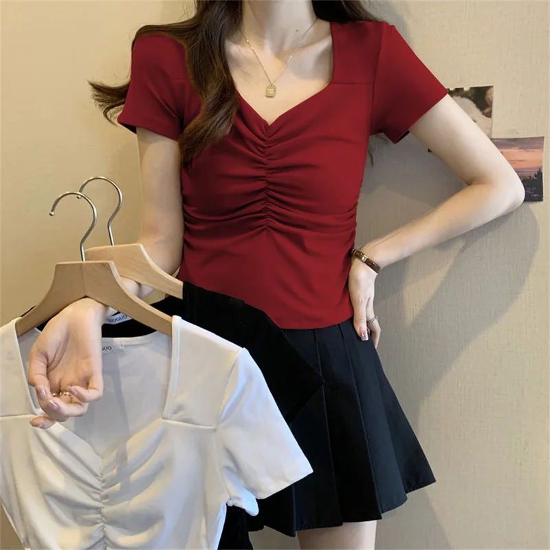 

2024 Summer New Fashion Spice Square Collar Big Neckline Shoulder Short Sleeve T-Shirt Slim Slim Crop Pleated Short Women's Top