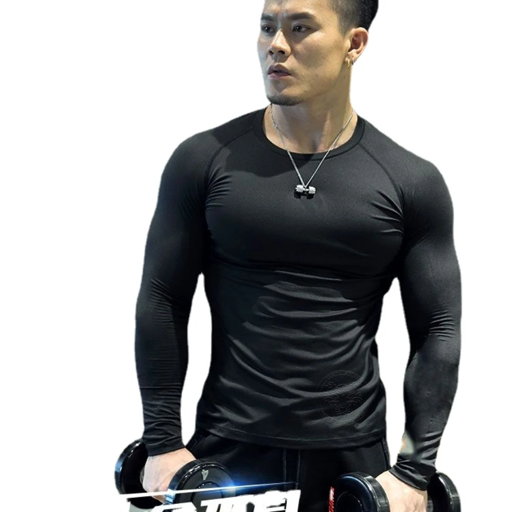 Spring and Summer New Fitness Long-sleeved Men\'s Quick-drying Milk Silk Body Shaping Sports Training Thin Solid Color M-3XL