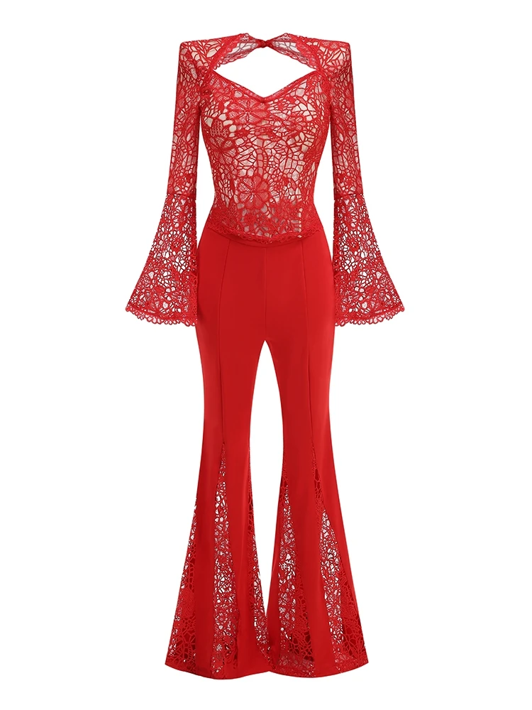 Sexy Red Lace Flared Pants Two Piece Set Women V Neck Long Sleeve Tops + Lace Patchwork Flared Suits Party Cocktail Club Sets