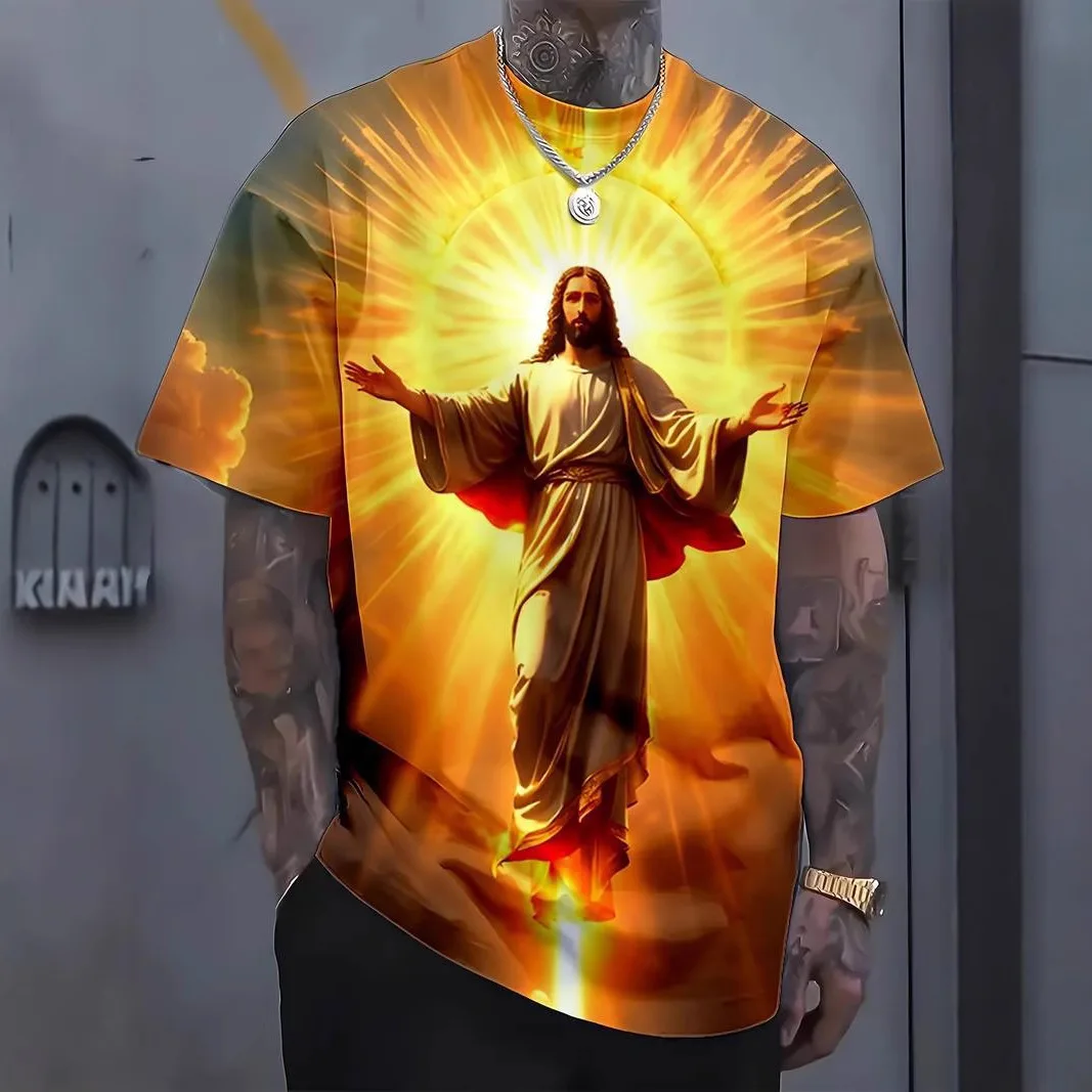 

Men's clothing casual graphic T-shirt 3D digital print Virgin Mary Jesus pattern short sleeved loose round neck top for men