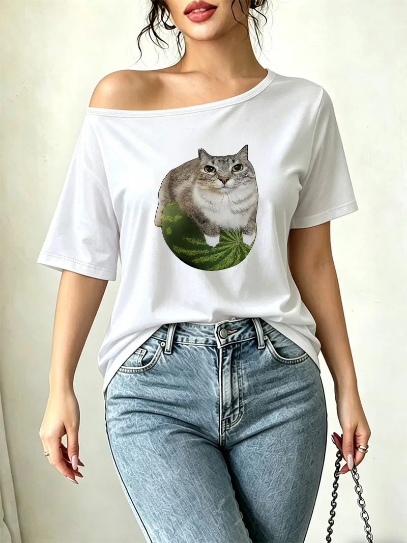 Kawaii Summer Funny Watermelon Cat Meme Print Shoulder Loose Y2K T-shirt Graphic Tee Women's Loose Off Shoulder Clothes