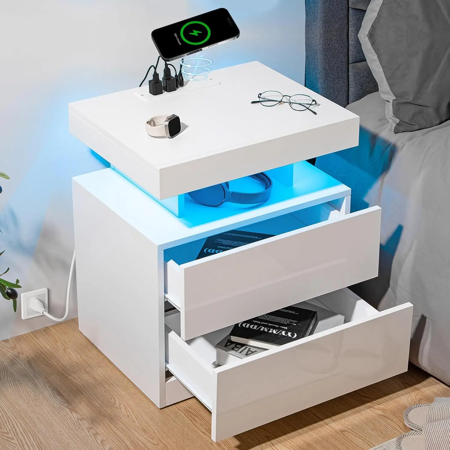 LED Nightstand with Wireless Charging & USB, RGB Light, High Gloss Bedside Table with 2 Drawers for Bedroom White, Customized