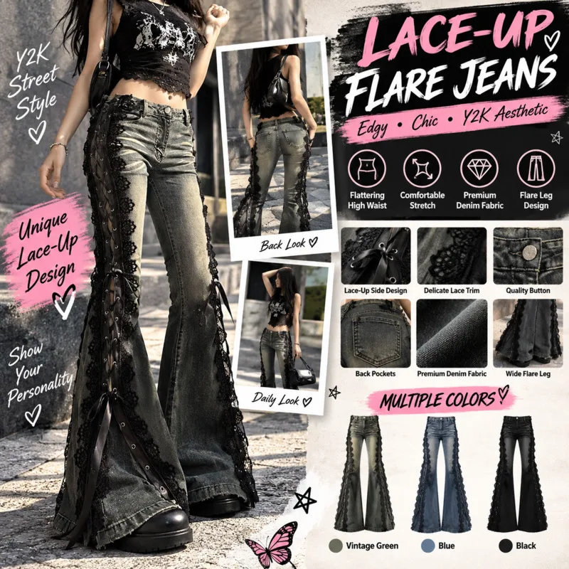 Denim Pants Women Y2K Gothic Black Lace Up Flare Jeans, High Waist Split Hem Bell Bottoms Long Streetwear Trousers Pants New