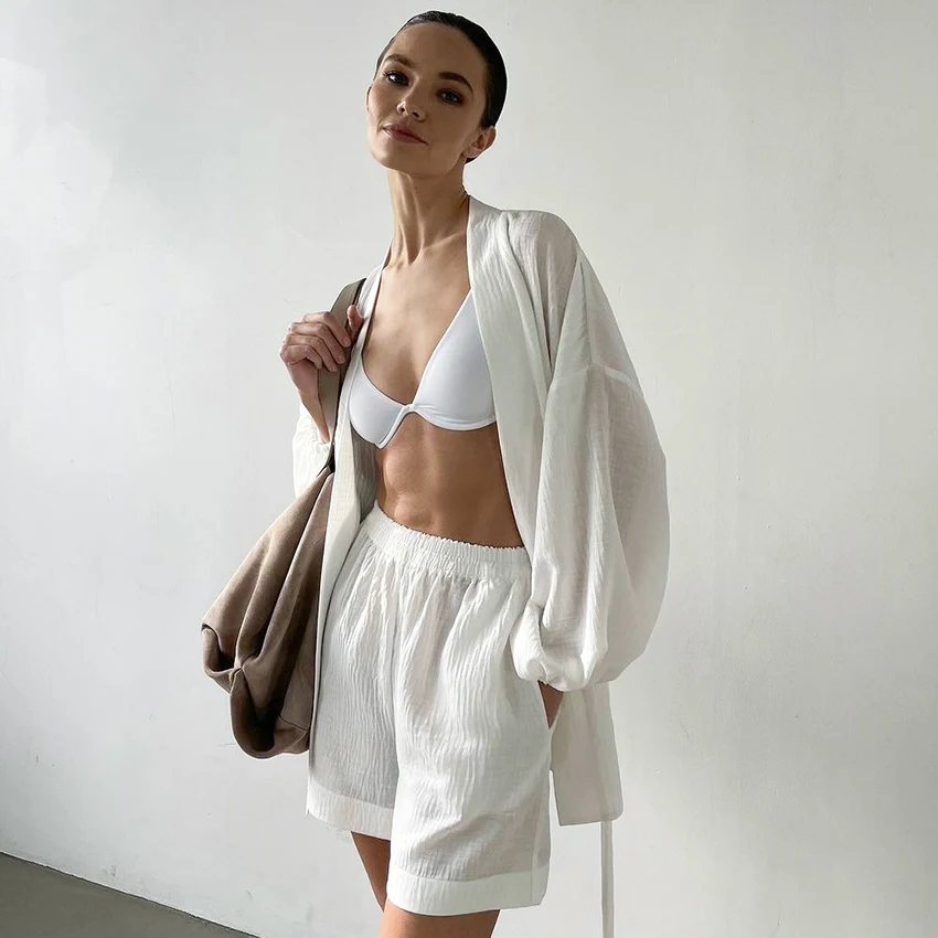 HiLoc White Casual Woven Inelastic Women Pajamas 2-Piece Long Sleeve V-Neck Wrapped Lace-Up Nightgown Elastic Waist Shorts 2026