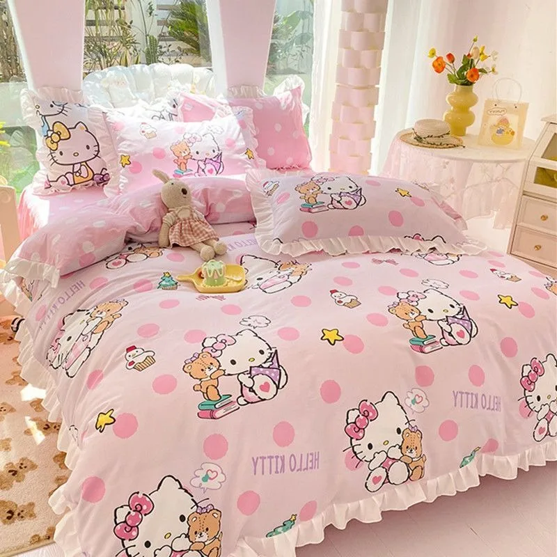 New Hello Kitty pure cotton bed sheet and quilt cover four-piece set autumn and winter warm dormitory children's three-piece set