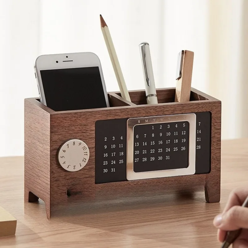 Pen Holder Ornament Black Walnut Office Supplies Perpetual Calendar Pen Holder Storage Box Desktop, Wooden