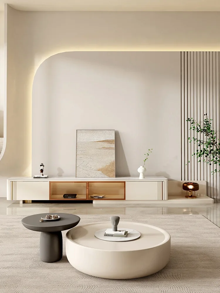 طاولة قهوة بسيطة لغرفة المعيشة المنزلية على طراز وابي سابي، تصميم شبكي باللون الأحمر الكريمي، حجم طاولة قهوة مستديرة، مجموعة خزانة تلفزيون