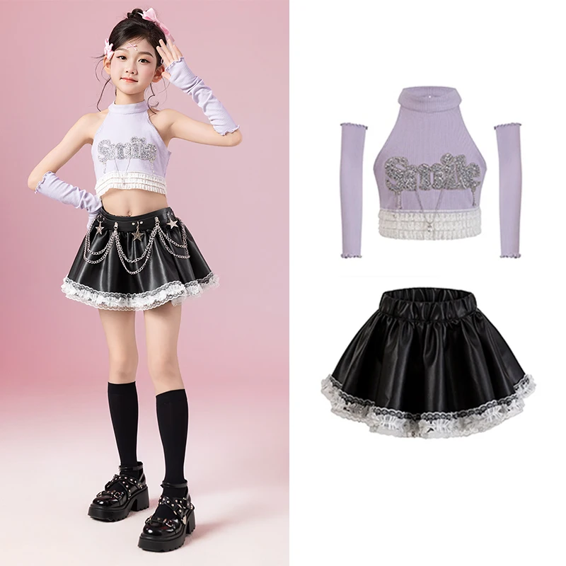 

Jazz Dance Girls Clothes Summer Cheerlead Dance Navel Tops Black Leather Skirt Catwalk Concert Team Show Dance Costume BL16070