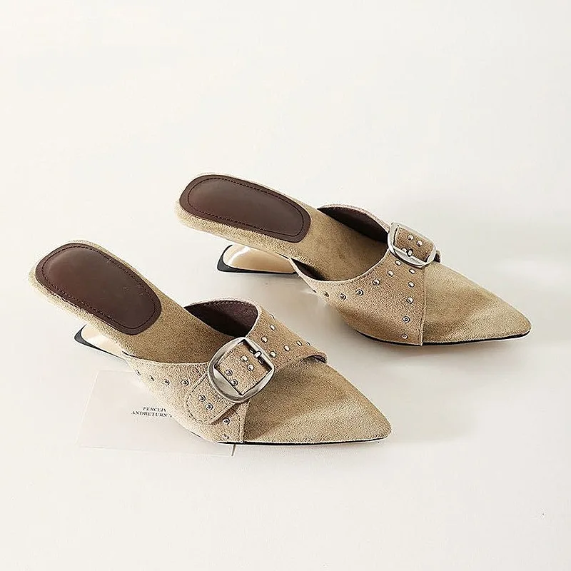 

LEOSOXS Retro Rivet Women's Pumps and Heels French Pointed Toe Strap Summer Luxury Women's Sandals Fashion Open-toed Wedge Shoe