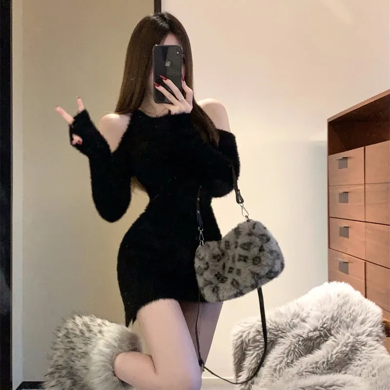 Gaun pesta rajut Bodycon musim gugur Chic gaun Mini Y2k seksi lengan panjang kasual wanita Gaun satu potong bulu palsu Korea