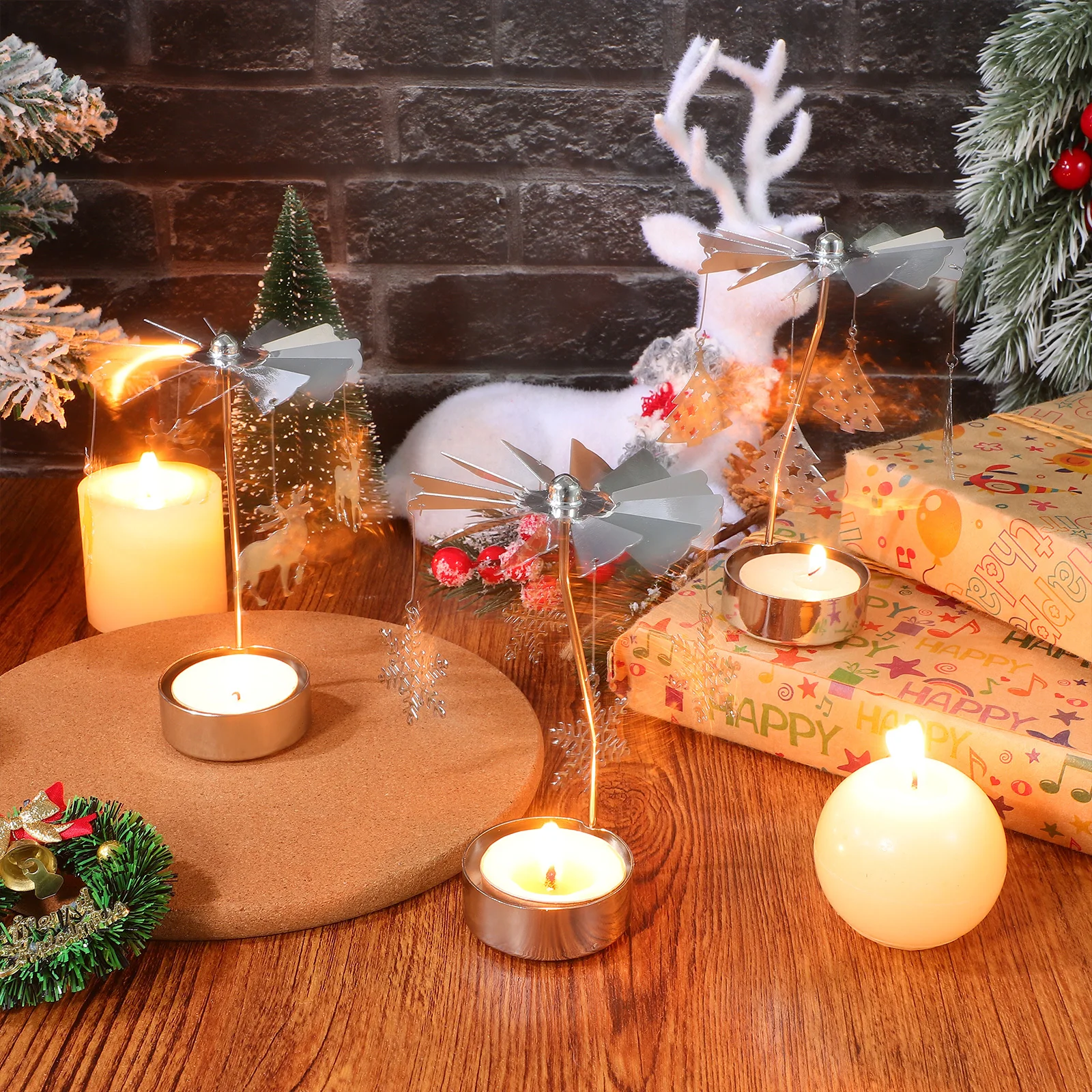 

BUTIFULSIC 3Pcs LED Ghost Holder Swivel Reindeer Tealight Wax Burner for Scented Wax Silver Metal Decor