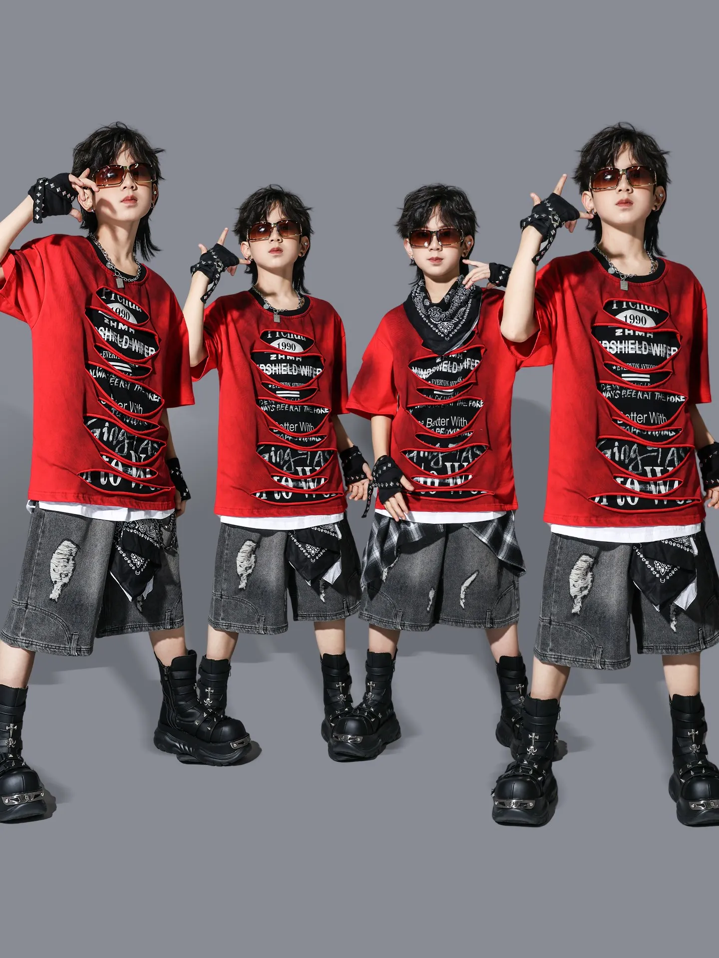 

Summer Boys Hip Hop Dance Clothes Red Hole T Shirt Shorts Teenager Jazz Dance Performance Costume Girls Kpop Clothing BL16333