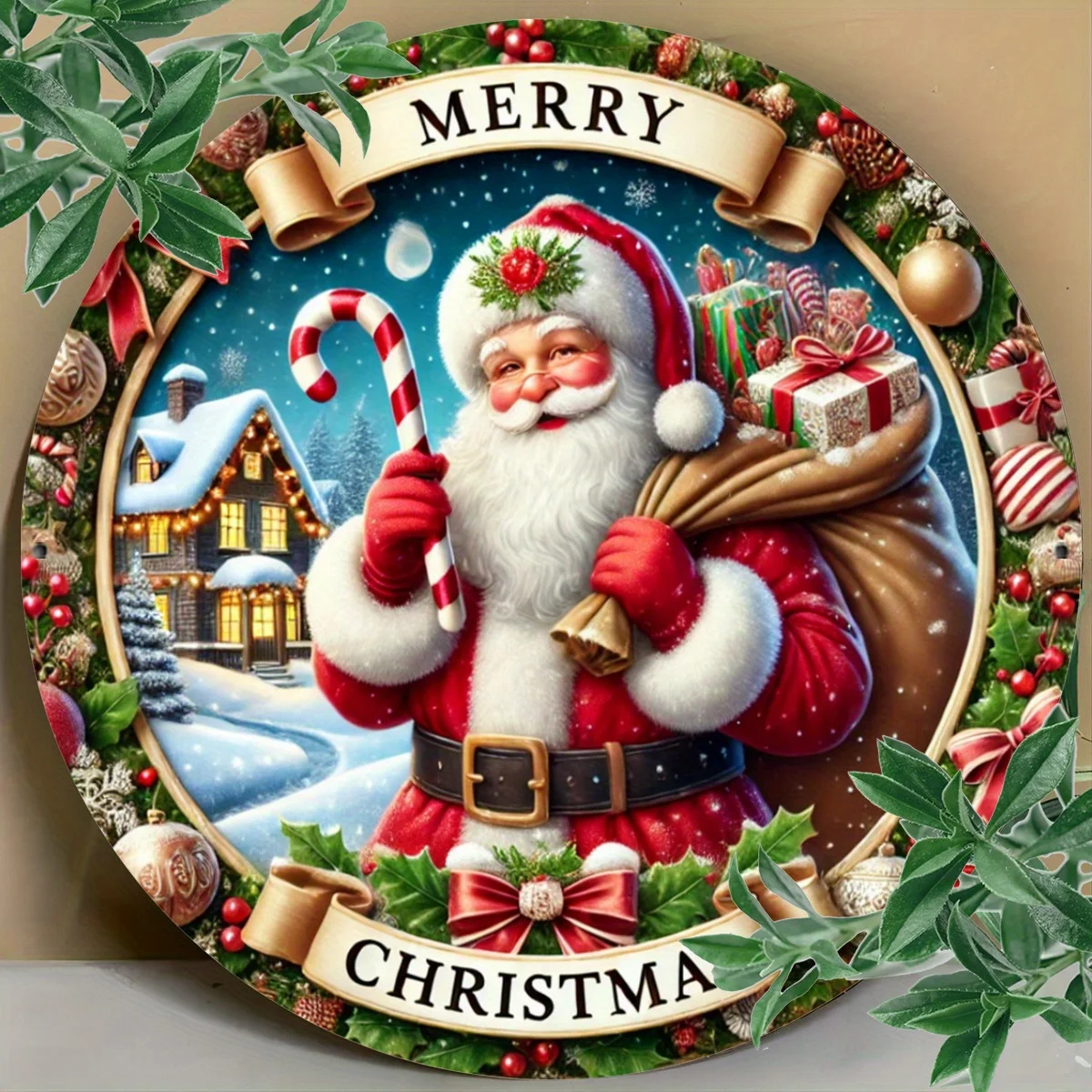 Retro Festive Santa Theme 2D Wooden Disk Furniture Hanging Decor Bedroom Living Room Porch Christmas Home Decor Moving Gift