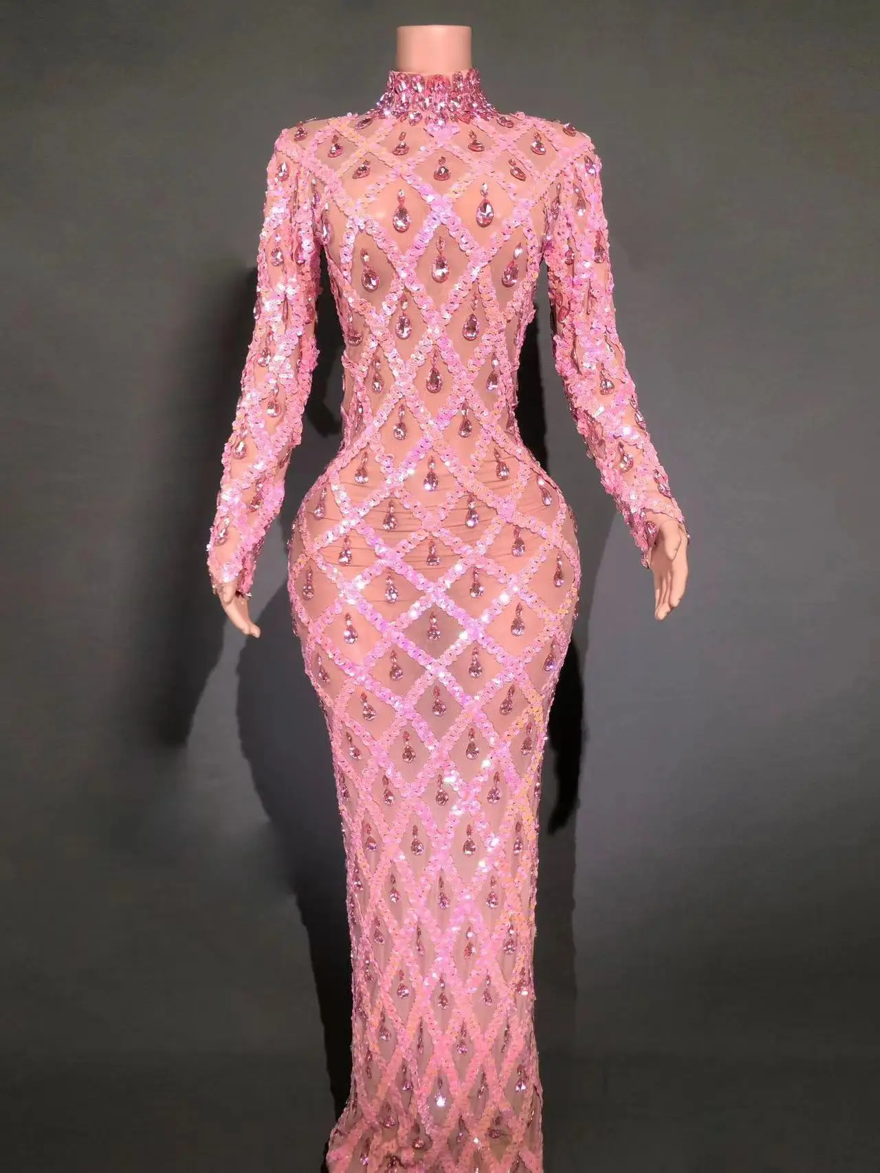 Pink Color Women Long Sleeve Sexy Mesh Big Crystal Bodycon Long Dress Celebrate Birthday Bar Singer Performance Costume Wear