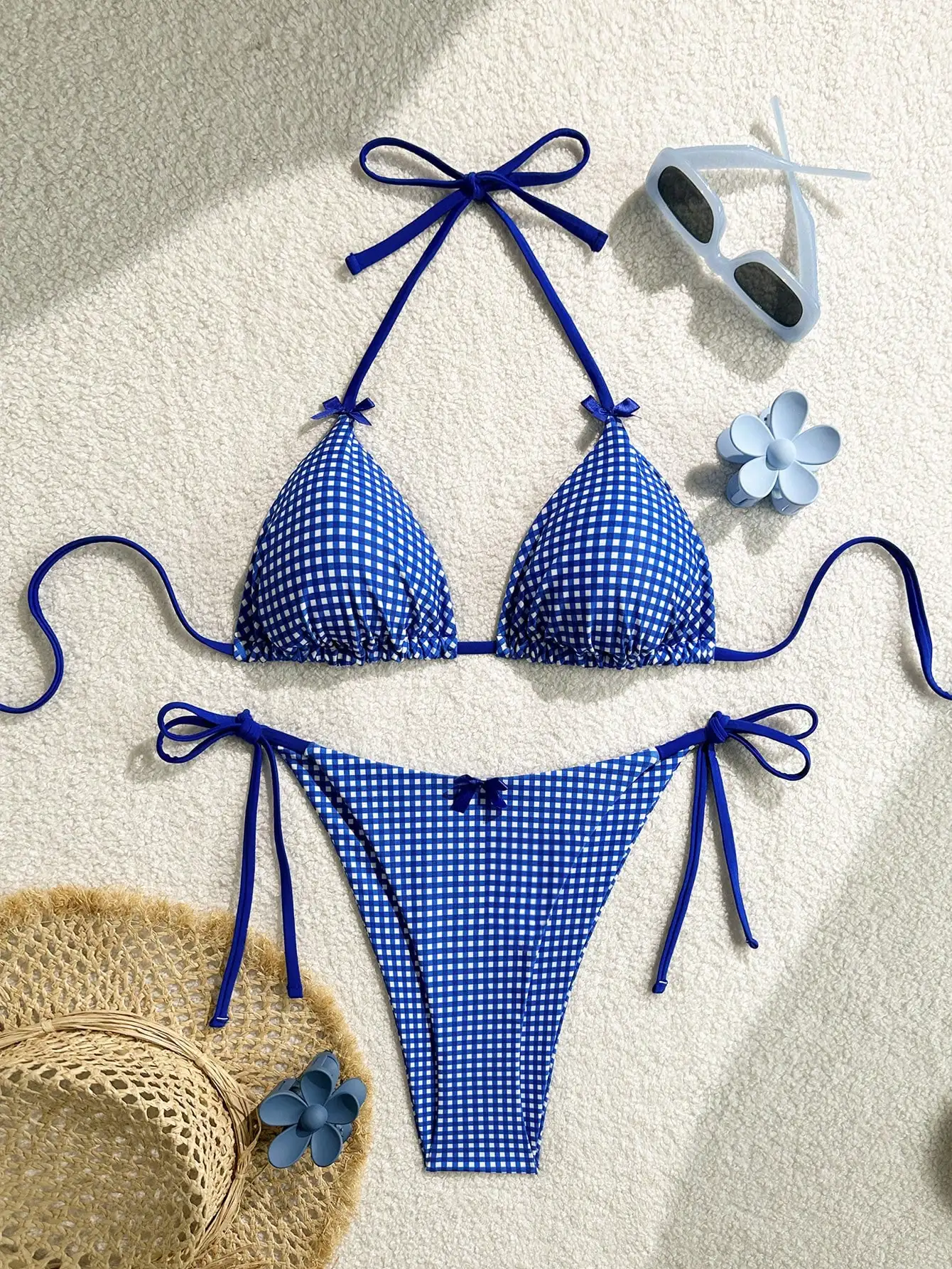 

Синий бикини из двух частей в клетку с регулируемыми бретелями-бантиками для пляжного отдыха больших размеров