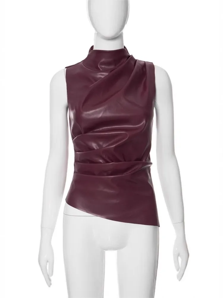 Sexy Leather Top For Women's Summer Foreign Style Sleeveless Wine Red Personality Waist High Street Zippers Folds Ladies Clothes