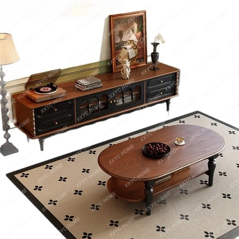 C retro solid wood TV cabinet black  living room coffee table TV cabinet combination floor locker storage
