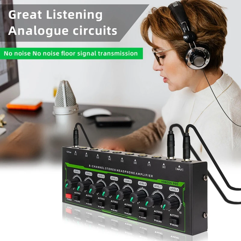 8 Channels Mini Stereo Headphone Amplifier HA800S PRO Ultra-Compact Audio Amplifier With Power Adapter