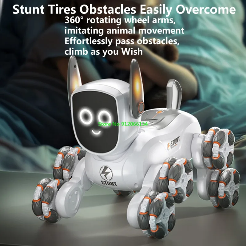 Guarda il rilevamento dei gesti 8 ruote Educazione Telecomando Robot Dog 2.4G Illuminazione a LED Musica 4WD Smart Demo 360 °   Cane RC con rotazione