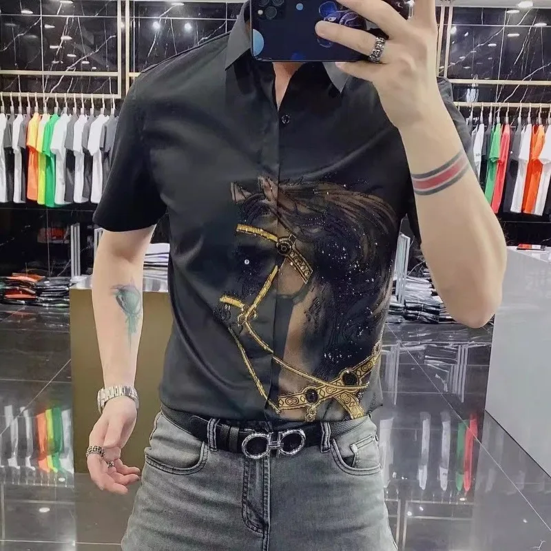 Men's 2026 Summer Rhinestone Embellished Casual Short Sleeve Shirt European Style Slim Fit Fashion Party Club Tops
