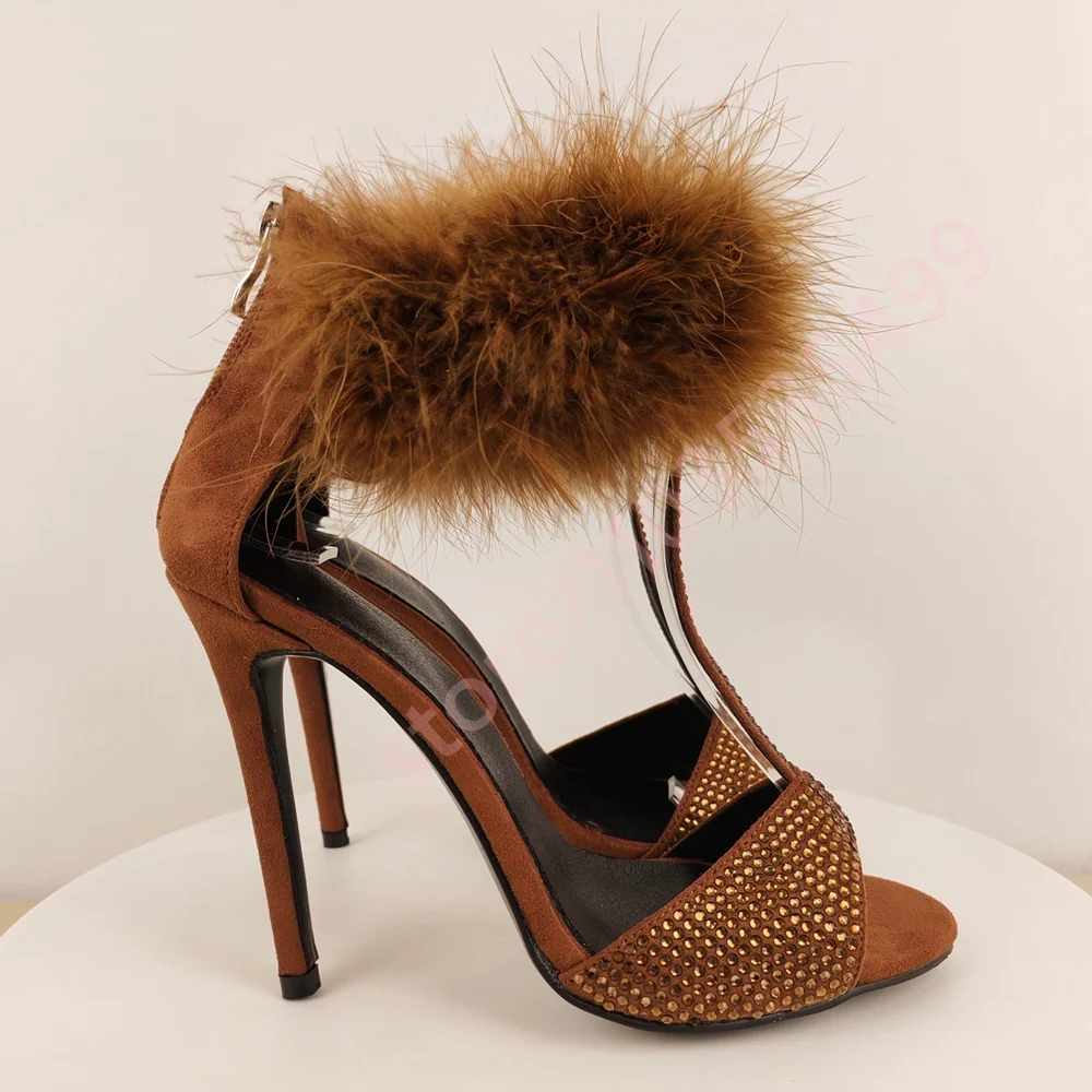 كريستال بلينغ بلينغ T-حزام حجر الراين الصنادل 2025 موضة جديدة مثير المرأة المفتوحة تو خنجر حفلة عادية لينة الفراء الصنادل #3