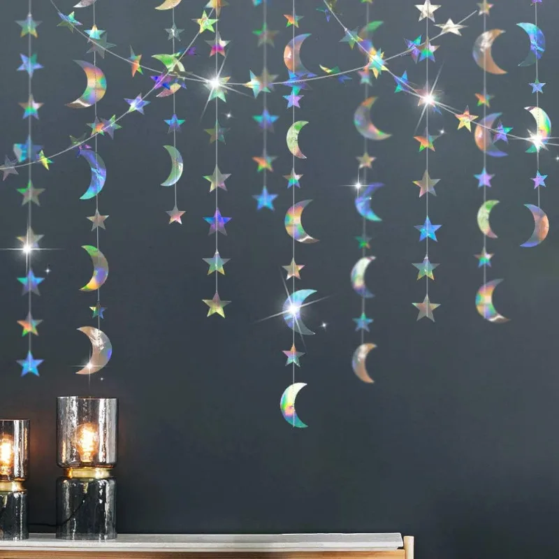 Iridescent Twinkle Star Moon Hanging Garlands Backdrop for Holographic Euphoria EID Ramadan Bachelorette Birthday New Year Party