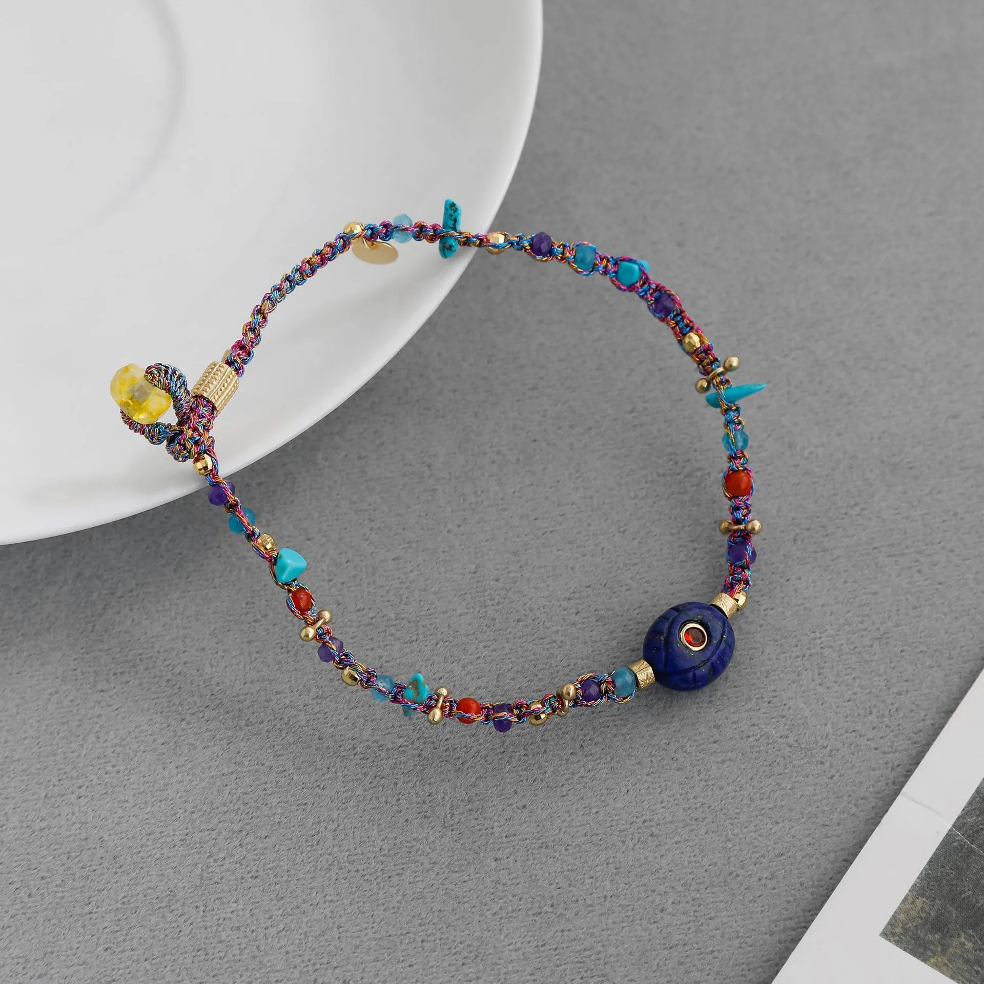 Crystal Lapis Lazuli Beaded Bracelet Retro Natural Stone Multi-Color Woven Handmade Jewelry Gift for Women Dragon Boat Festival