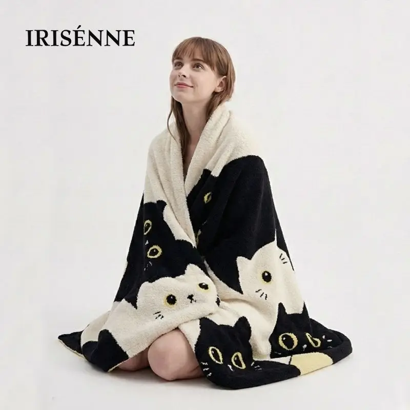 IRISENNE Three Cats Pattern Half Fluffy Fleece Blanket Soft Warm Couch Throw Air Conditioner Car Blanket 100% Polyester