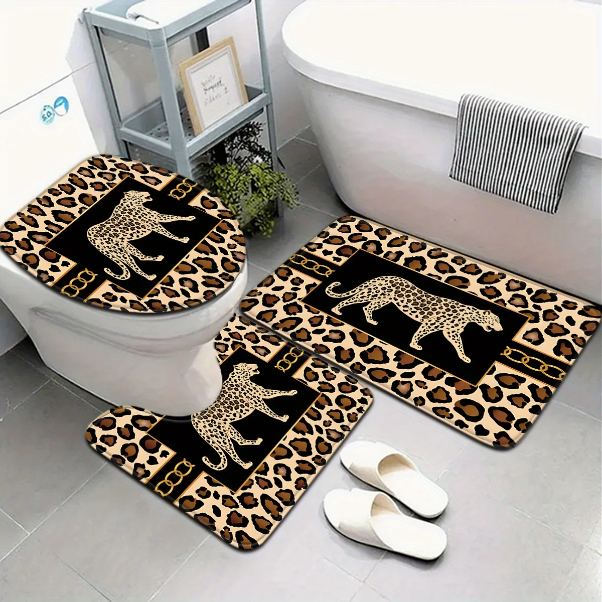 

3pcs Fashion Simple Brown Leopard Print Bathroom Mat Set Toilet Seat Cover U-shaped Foot Pad